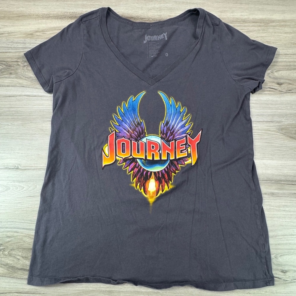 Retro Journey Band Graphic V-Neck T-Shirt Charcoal Grey Womens‎ Size 0 S/M